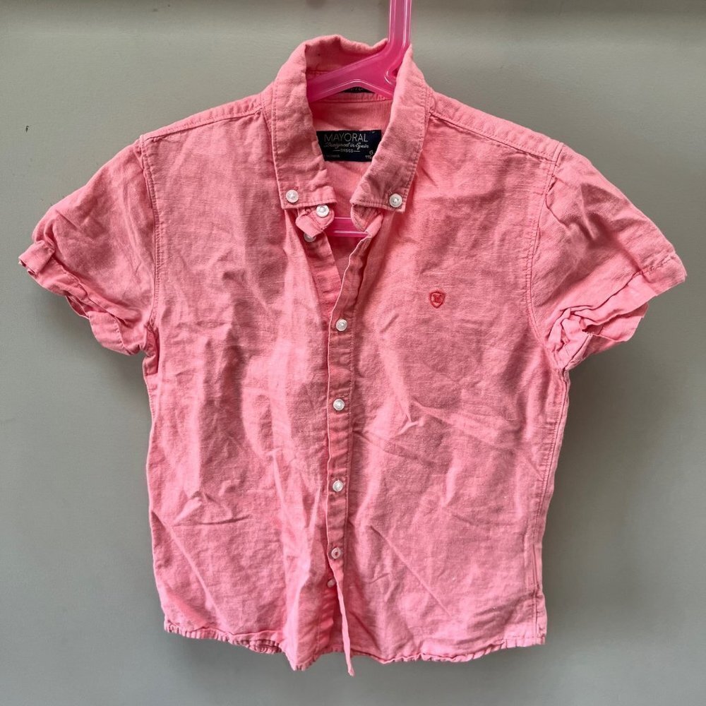 Boys Mayoral Short‎ Sleeve Pink Linen Blend Button Down shirt- Size 6